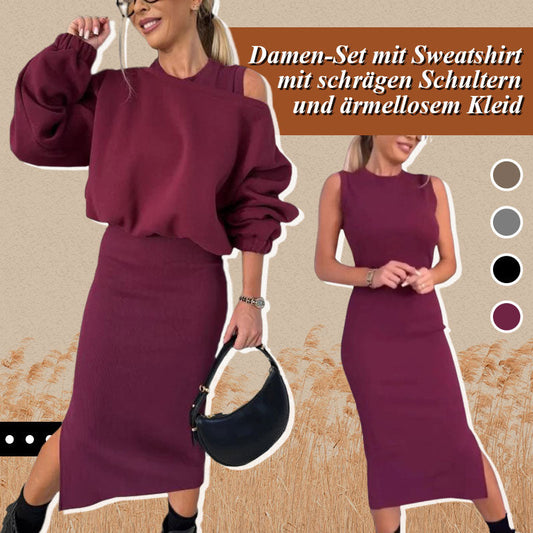 🎅Weihnachtsaktion 49 % Rabatt🎄🍂Damen-Set mit Sweatshirt mit schrägen Schultern und ärmellosem Kleid