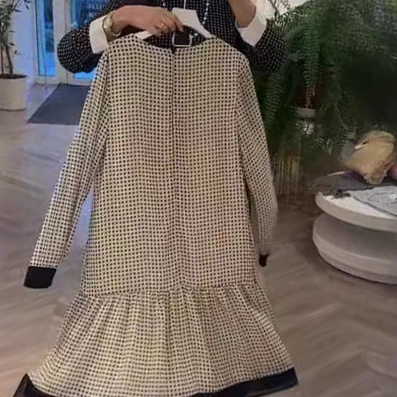 💃Elegantes Damenkleid mit Rundhalsausschnitt und langen Ärmeln und Punkten