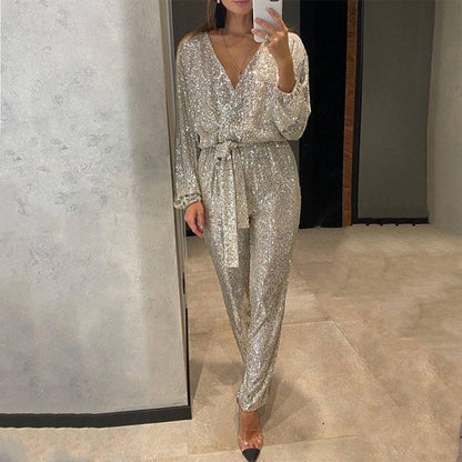 Glitzernde Damen Jumpsuit mit V-Ausschnitt und Gürtel